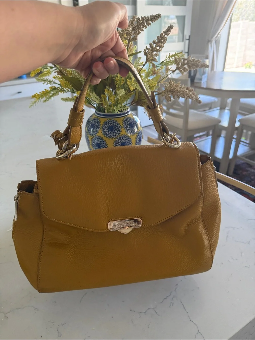 Versace Collection Mustard Yellow Leather Satchel with Gold Chain